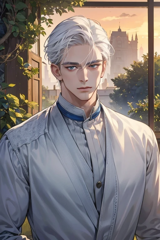 ((masterpiece:1.2, best quality)), 4k, adult, european face, 1man, male, mature, aged up, handsome, verytall, muscles, broad shoulders, dark casual clothes, white skin, middle white hair, blue eyes, portrait, sunset, old house with apple trees.