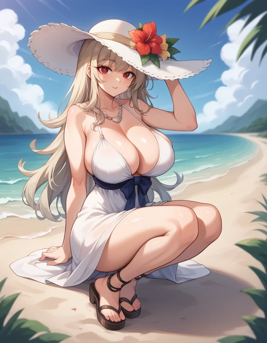 score_9, score_8_up, score_7_up, score_6_up, score_5_up, score_4_up, source_anime, BREAK, masterpiece, best quality,depth of field,shiny skin,1lady,solo, face focus, BREAK, white flowy maxi dress,wide-brimmed hat,strappy sandals,shell necklace,BREAK,loose beach waves,natural,BREAK,relaxed,carefree,free-spirited,BREAK,beach,resort,outdoor festival,red eyes,huge