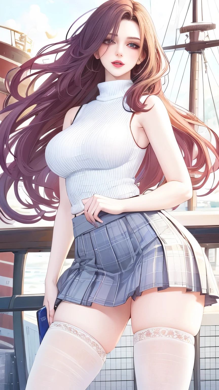 (masterpiece, best quality:1.2), 1girl, solo,mature_lady, delicate face,detail eyes,long hair, floating hair,medium breasts, see-through clothes, Clothes with complicated patterns, nipple, pussy,,sleeveless white knit sweater of cropped length, plaid pleated white micro skirt, transparent white knee high stockings,on a ship