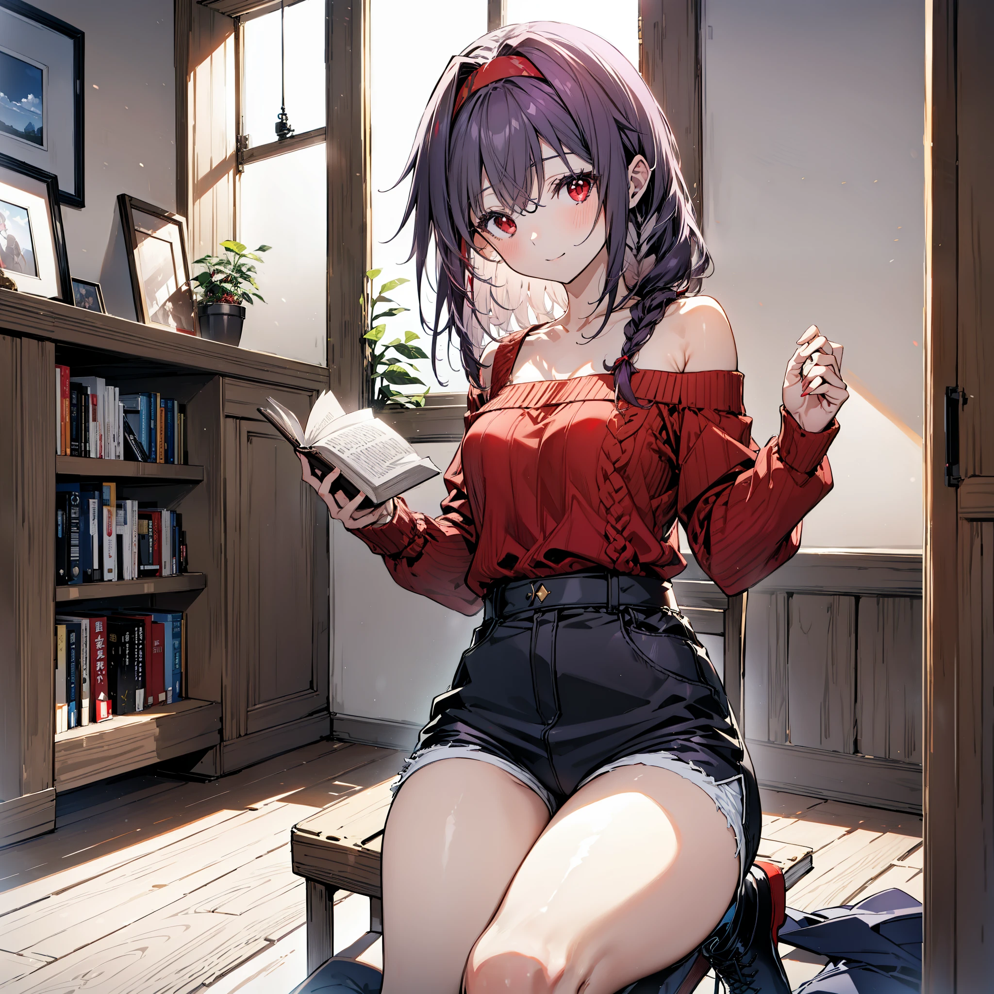 yuukikonno, Konno Yuuki, hair band, Long Hair, Pointed Ears, Purple Hair, (Red eyes:1.5), (Small breasts:1.2), Close your mouth,smile、,Long braids,Black-rimmed glasses,Oversized one-shoulder sweater,Shorts,short boots,sitting in a chair reading a book,
break looking at viewer, whole body,(Cowboy Shot:1. 5)
break indoors, figure書館,
break (masterpiece:1.2), highest quality, High resolution, unity 8k wallpaper, (figure:0.8), (Beautiful fine details:1.6), Highly detailed face, Perfect lighting, Highly detailed CG, (Perfect hands, Perfect Anatomy),