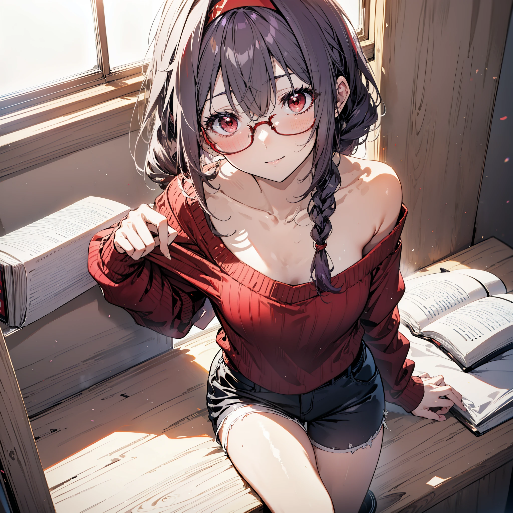 yuukikonno, Konno Yuuki, hair band, Long Hair, Pointed Ears, Purple Hair, (Red eyes:1.5), (Small breasts:1.2), Close your mouth,smile、,Long braids,Black-rimmed glasses,Oversized one-shoulder sweater,Shorts,short boots,sitting in a chair reading a book,
break looking at viewer, whole body,(Cowboy Shot:1. 5)
break indoors, figure書館,
break (masterpiece:1.2), highest quality, High resolution, unity 8k wallpaper, (figure:0.8), (Beautiful fine details:1.6), Highly detailed face, Perfect lighting, Highly detailed CG, (Perfect hands, Perfect Anatomy),