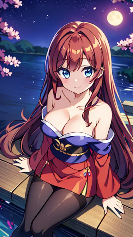 POV,from above,masterpiece,Japanese anime style,Beautiful girl with long straight reddish brown hair and blue eyes,Medium breasts,beautiful face,Smile,Sitting by the lake at night and admiring the moon, Wearing strapless gorgeous Hanfu and black pantyhose,The breeze blew her face,petals falling from the sky,Elegant picture