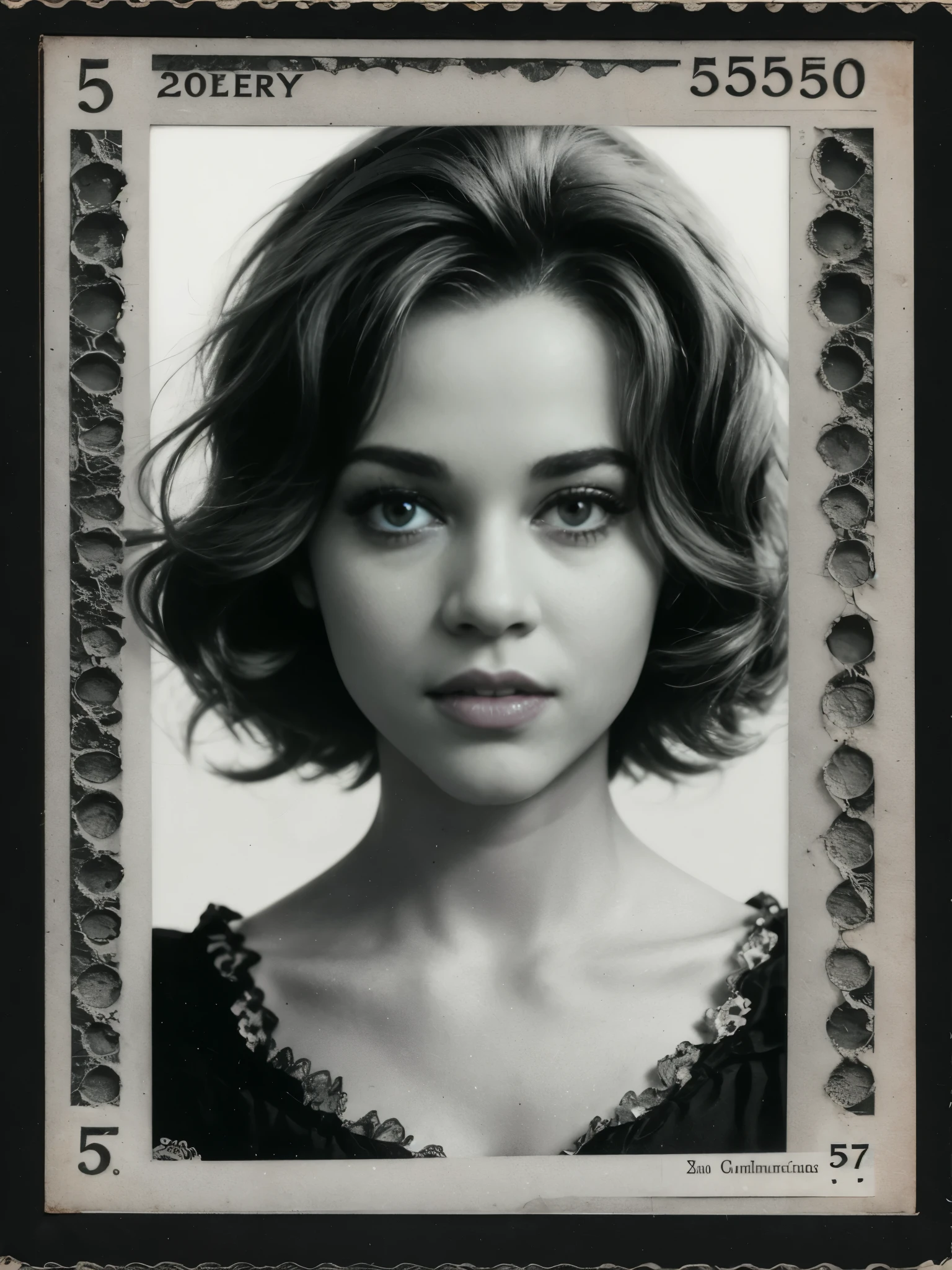 (black and white photo), Beautiful woman in the 50s of the 20th century. Jahrhunderts，sexyhaltung, postcard, monochrome, Grayscale, [an old black and white postcard, yellowed by time, wrinkled, with ruined edges, a few scratches on the photo.]