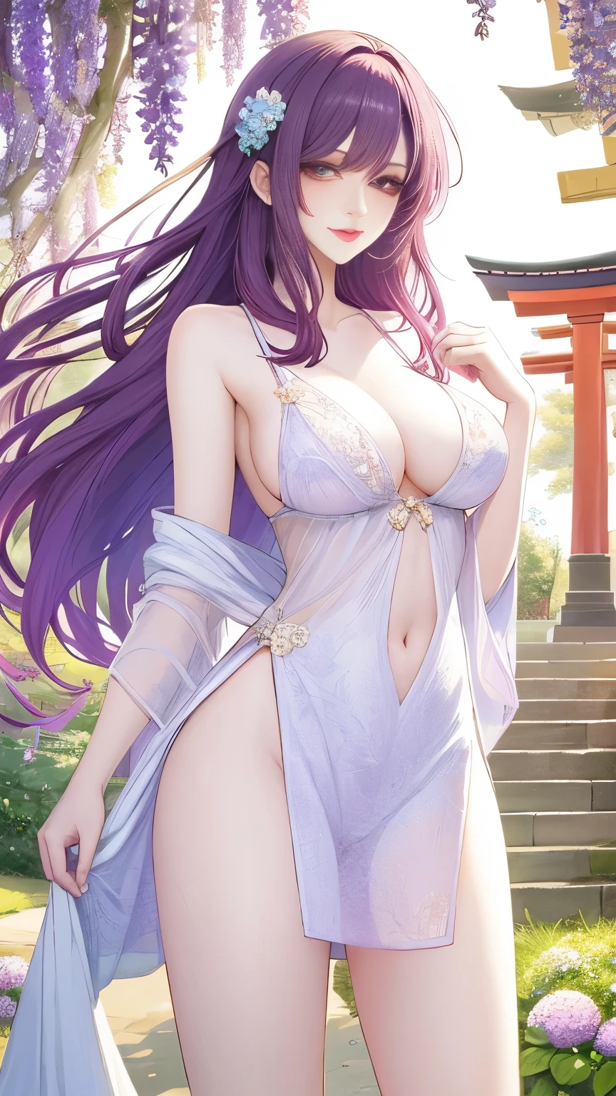 (masterpiece, best quality:1.2), 1girl, solo,mature_lady, delicate face,detail eyes,long hair, floating hair,medium breasts, see-through clothes, Clothes with complicated patterns, nipple, pussy,nsfw,White lace tube top dress,Wallpaper Fusion, dappled sunlight, day, flower, hydrangea, leaf, light rays, nature, outdoors, path, plant, purple flower, scenery, stairs, sunlight, torii, tree, wisteria