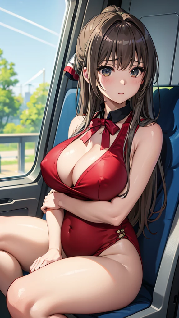 Isuzu Sento、highest quality、Highest quality、Huge super boobs、Cleavage、A fawning expression、high school girl、sexual behavior、sex、Armpit、pregnancy、Cowgirl、vagina、Thighs、Knee socks、Armpit見せ、両Armpit見せ、Glare、Close-up、train、seat、Absolute area、Female organ