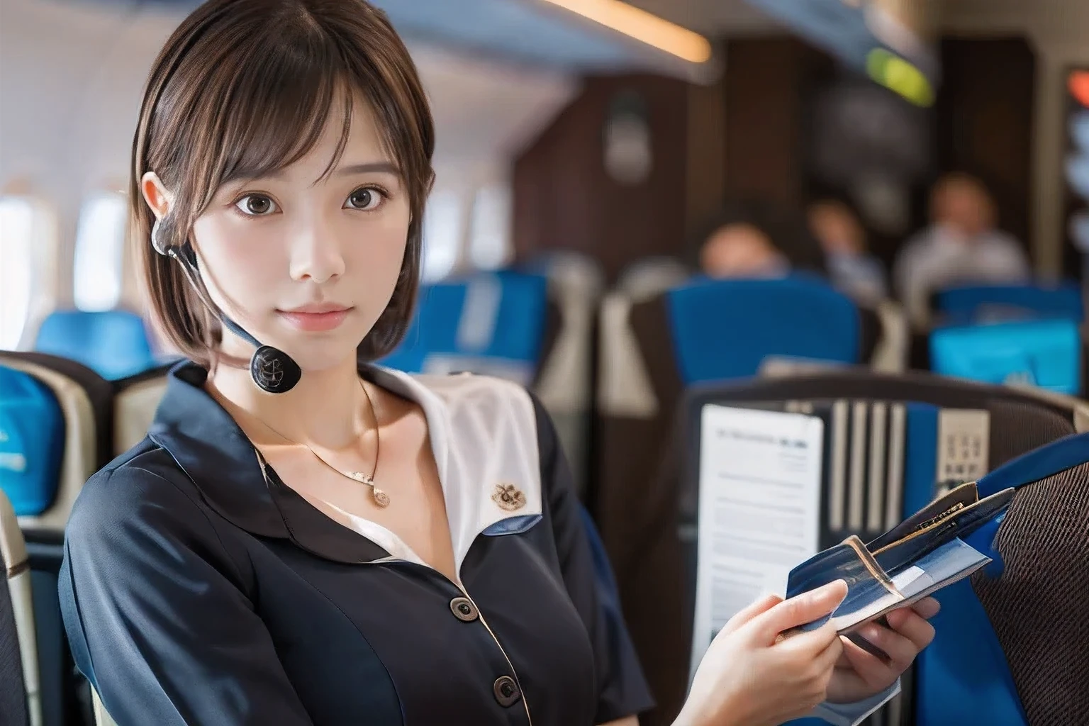 (An 18-year-old woman working as a customer service staff on a crowded airplane:1.5)、(Stern profile:1.2)、(The best quality at its best:1.4), (Super detailed), (Very detailed CG unified 16k), Beautiful woman with perfect figure: 1.4, Sharp focus: 1.2, Very detailed, High-quality RAW color photos, Professional photography, Great face and eyes, cosmetics, (Amazingly beautiful girl), ((Cabin attendant costume:1.5)), Sexy posture,(View from below), Realistic movie faces, Full body long view from head to toe, Realistic, ((Realistic natural orange red hairstyle, Realistic blue eyes)), ( Short Bob Hair:1.5), (necklace:1.5)、, Very beautiful face, Perfect model beauty, Mouth swelling, Highly detailed face and skin texture, Fine grain, double eyelid, Medium chest, (masterpiece), highest quality, High resolution, Very detailed, Blurred Background, Depth of written boundary, Cinema Lighting, Great legs, , Clear, well-maintained skin,