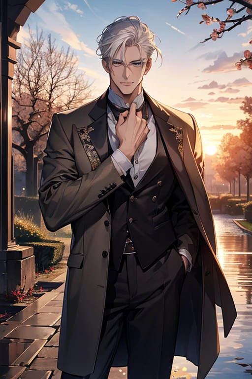((masterpiece:1.2, best quality)), 4k, adult, european face, 1man, male, mature, aged up, handsome, verytall, muscles, broad shoulders, dark casual clothes, white skin, middle white hair, blue eyes, portrait, sunset, old house with apple trees. 
