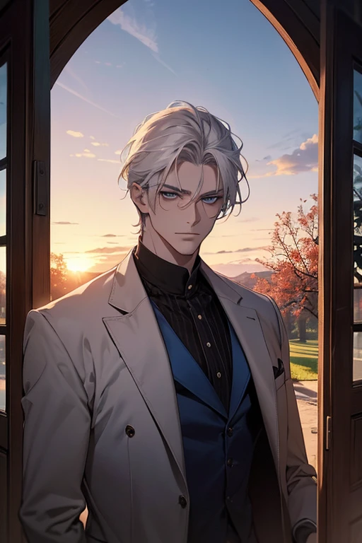 ((masterpiece:1.2, best quality)), 4k, adult, european face, 1man, male, mature, aged up, handsome, verytall, muscles, broad shoulders, dark casual clothes, white skin, middle white hair, blue eyes, portrait, sunset, old house with apple trees. 
