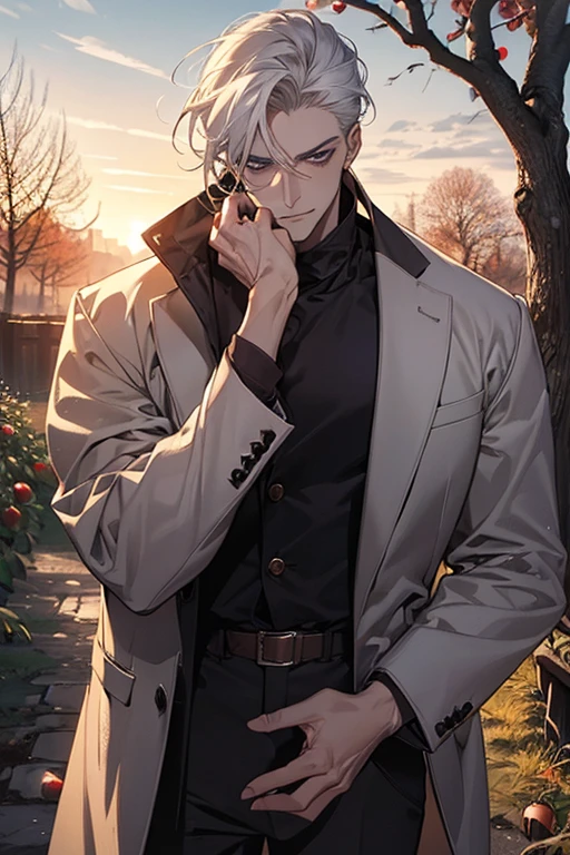 ((masterpiece:1.2, best quality)), 4k, adult, european face, 1man, male, mature, aged up, handsome, verytall, muscles, broad shoulders, dark casual clothes, white skin, middle white hair, blue eyes, portrait, sunset, old house with apple trees.