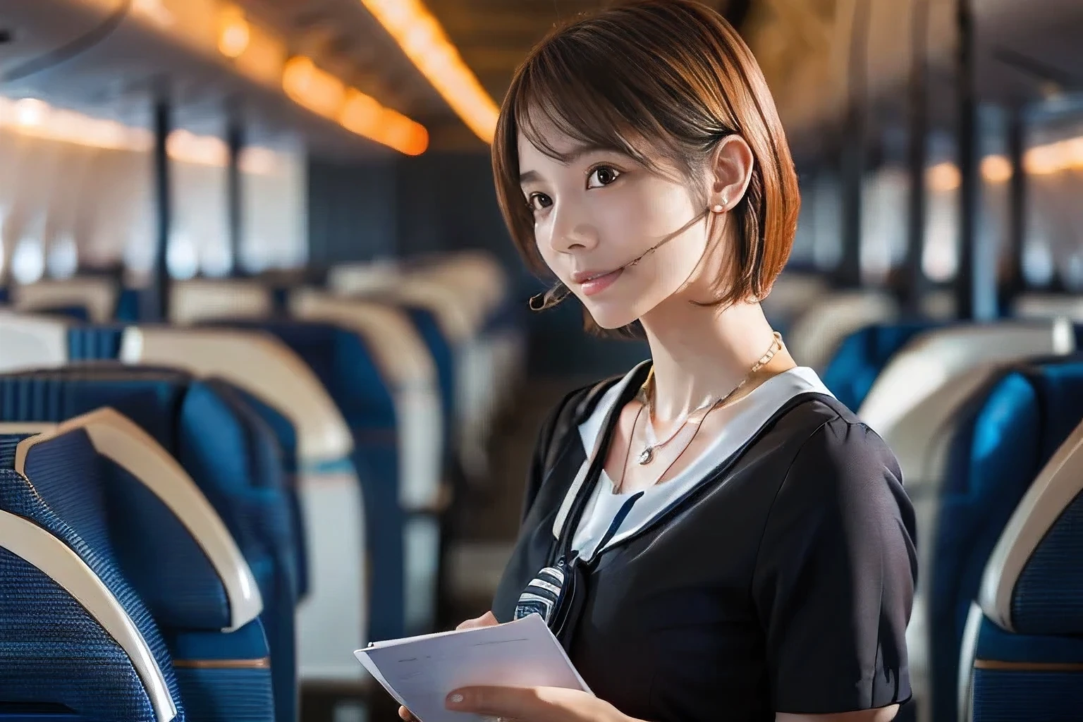 (An 18-year-old woman working as a customer service staff on a crowded airplane:1.5)、(Stern profile:1.2)、(The best quality at its best:1.4), (Super detailed), (Very detailed CG unified 16k), Beautiful woman with perfect figure: 1.4, Sharp focus: 1.2, Very detailed, High-quality RAW color photos, Professional photography, Great face and eyes, cosmetics, (Amazingly beautiful girl), ((Cabin attendant costume:1.5)), Sexy posture，(View from below), Realistic movie faces, Full body long view from head to toe, Realistic, ((Realistic natural orange red hairstyle, Realistic blue eyes)), ( Short Bob Hair:1.5), (necklace:1.5)、, Very beautiful face, Perfect model beauty, Mouth swelling, Highly detailed face and skin texture, Fine grain, double eyelid, Medium chest, (masterpiece), highest quality, High resolution, Very detailed, Blurred Background, Depth of written boundary, Cinema Lighting, Great legs, , Clear, well-maintained skin,