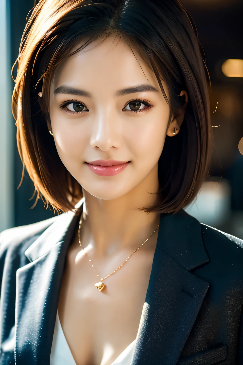 最high quality, 8k, masterpiece, Realistic, high quality, Beautiful and exquisite face and eyes, OL, a stylish suit, Half Body Shot, Professional Lighting, Vibrant colors, Confident expression, Facing forward, (Looking into the camera), short hair, Modern office environment, Warm tones, Sharp details, Glossy finish, Cleavage