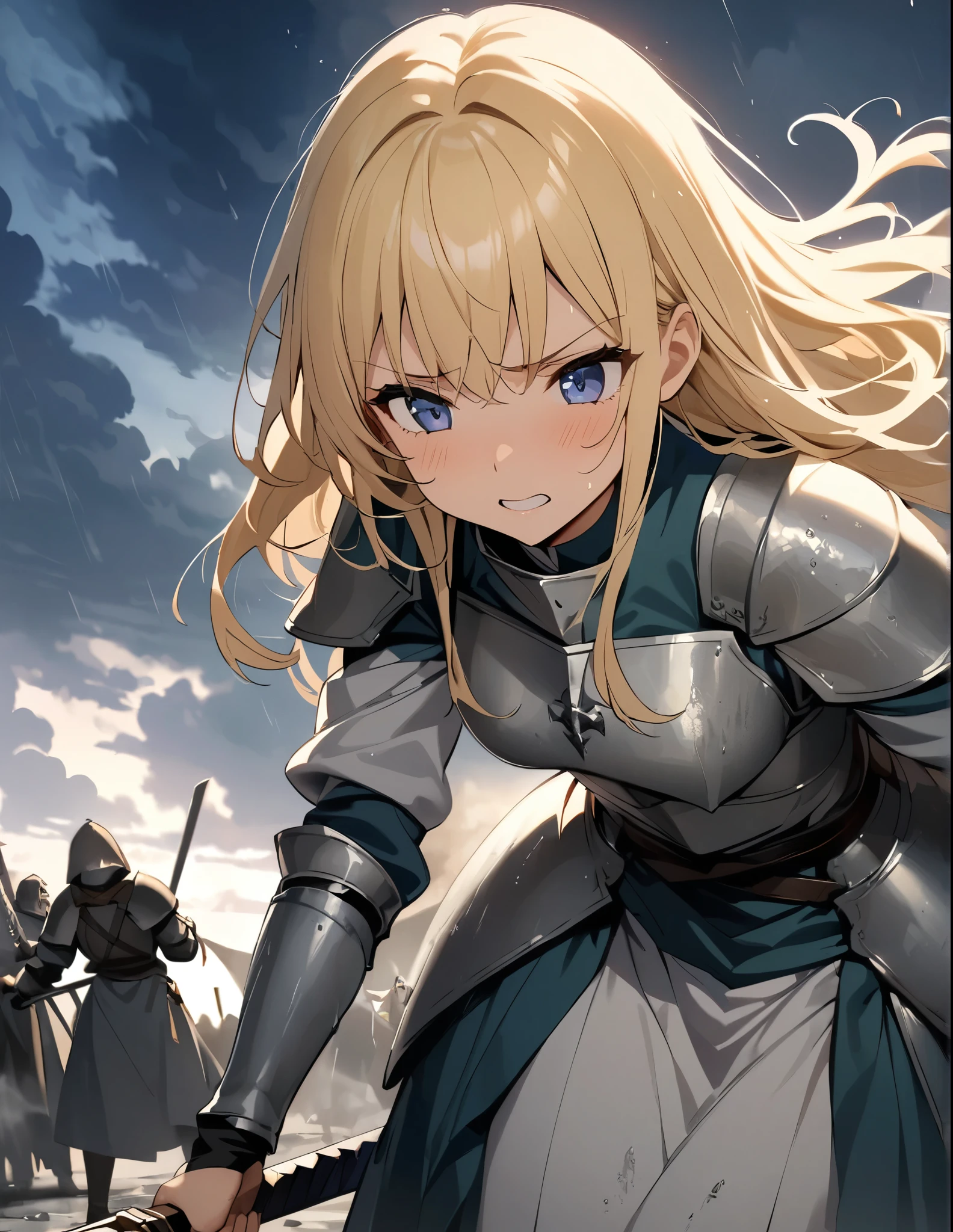 (anime)、(masterpiece:1.2),atmospheric perspective,lens flare、A foggy battlefield、Thick clouds cover the sky, making the world look grey、As the rain falls, the female knight crouches down and thrusts her sword.。He looks frustrated and swears revenge.。Rain-soaked hair、Blonde、Blue Eyes、armor、Traces of fierce battle all around、Smoke rises here and there、A work with a hazy hue、((Thrusting a medieval sword with one hand))、One Girl
