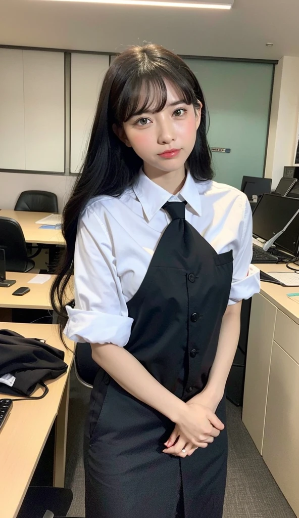 China realista, con un traje de oficinista, apollando su pecho en el escritorio de su oficina, con la falda ligeramente levantada, con la tanga de hilo por los muslos, y con la vajina al aire