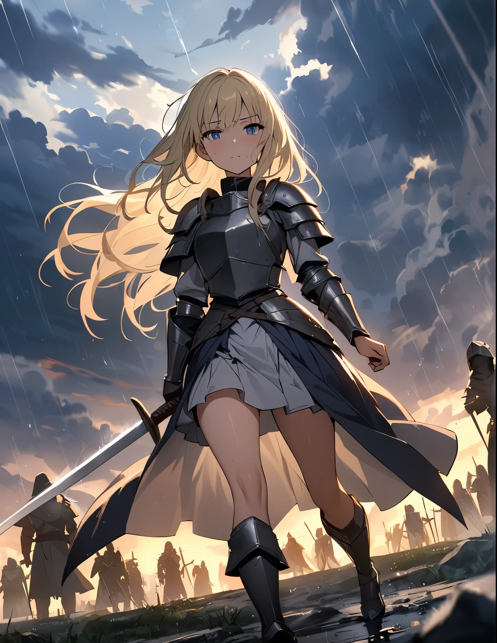 (anime)、(masterpiece:1.2),atmospheric perspective,lens flare、A foggy battlefield、Thick clouds cover the sky, making the world look grey、As the rain falls, the female knight crouches down and thrusts her sword.。He looks frustrated and swears revenge.。Rain-soaked hair、Blonde、Blue Eyes、armor、Traces of fierce battle all around、Smoke rises here and there、A work with a hazy hue、((Thrusting a medieval sword with one hand))、One Girl
