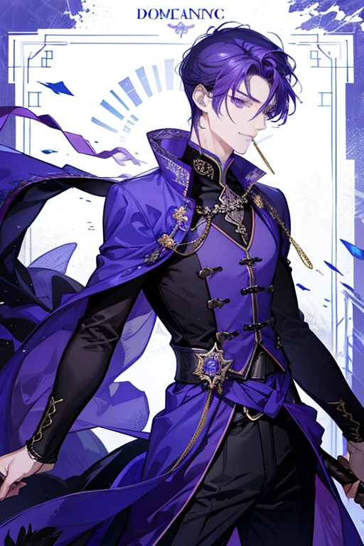 Domineering boy，nice，Tall muscular man，Broad shoulders，Purple Eyes，Purple Hair，With sword，peculiar，Delicate face，throne effect，The best ratio of 4 fingers and 1 thumb，ice cold，bitter cold，chillwave，Smile，（Hook of Holland），Please shut your mouth