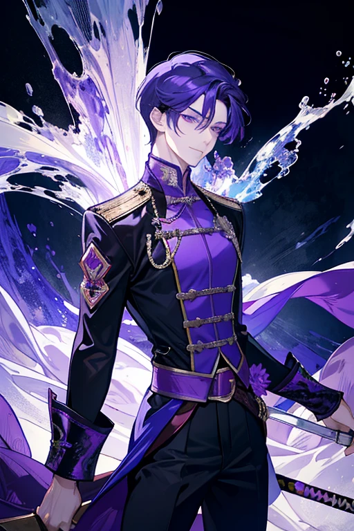 Domineering boy,nice,Tall muscular man,Broad shoulders,Purple Eyes,Purple Hair,With sword,peculiar,Delicate face,throne effect,The best ratio of 4 fingers and 1 thumb,ice cold,bitter cold,chillwave,Smile,(Hook of Holland),Please shut your mouth