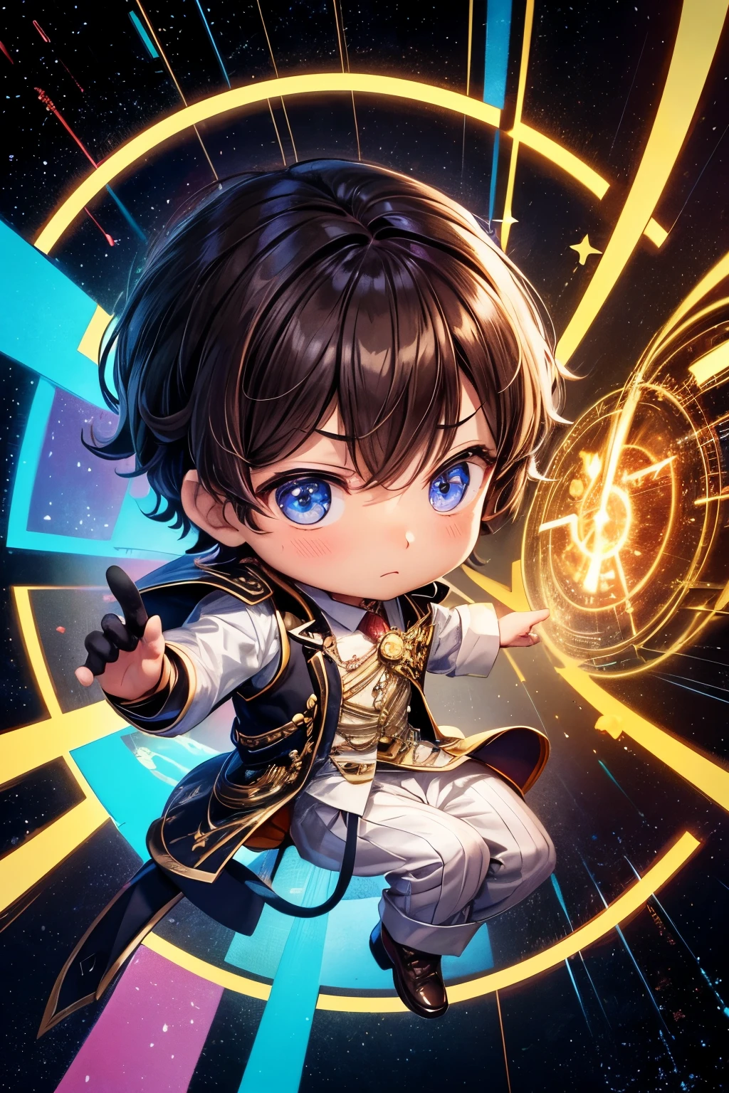 ดูเหมือนหน้ามนุษย์man, transdimensionalist, time traveler,brown,sad,stars,man,chibi,There is an electrical circuit in the middle of the chest.,brown eyes,brown hair,Brown dress,perfect