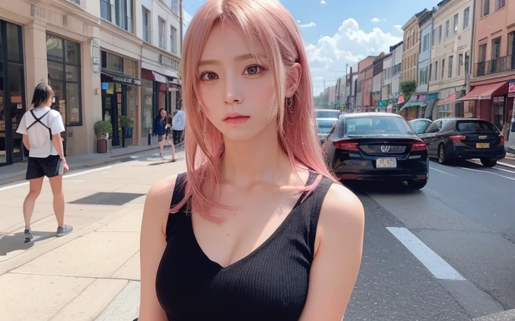 hair color: pink　model　woman　Long Hair　Sleeveless　pink clothes　diagonal　Selfie　diagonal上　Selfie　summer　highest quality, masterpiece))), High resolution, Very detailed, masterpiece, Cinema Lighting, (8k, highest quality, masterpiece: 1.2), (Realistic, photoRealistic: 1.37) High Resolution, Super detailed, 1 girl、32 years old、Street Snap、Big black eyes