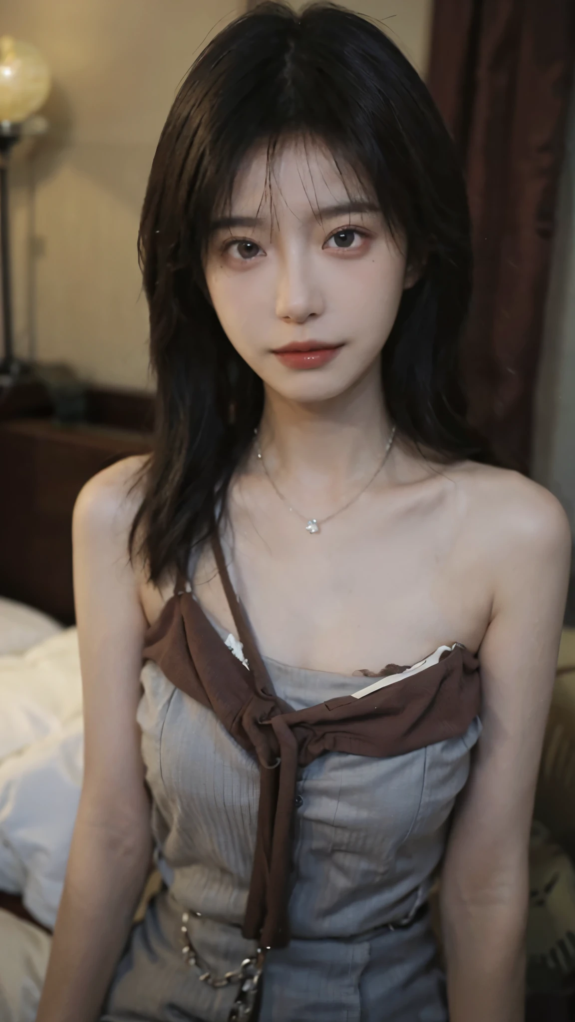 Film portrait photography, 2 girls, Bare shoulders,Lipstick，（flat chest：1.4）， Wear a necklace，Cute expression,Exquisite makeup，Red suspenders，serene, calm, (Realistic and detailed eyes, Natural skin texture, Realistic facial details), Big breasts：1.6，Big Breasts，Soft dramatic lighting, Depth of Field, Bokeh, Vibrant details, Detailed and detailed, Surreal, 35mm film, hazy, ,