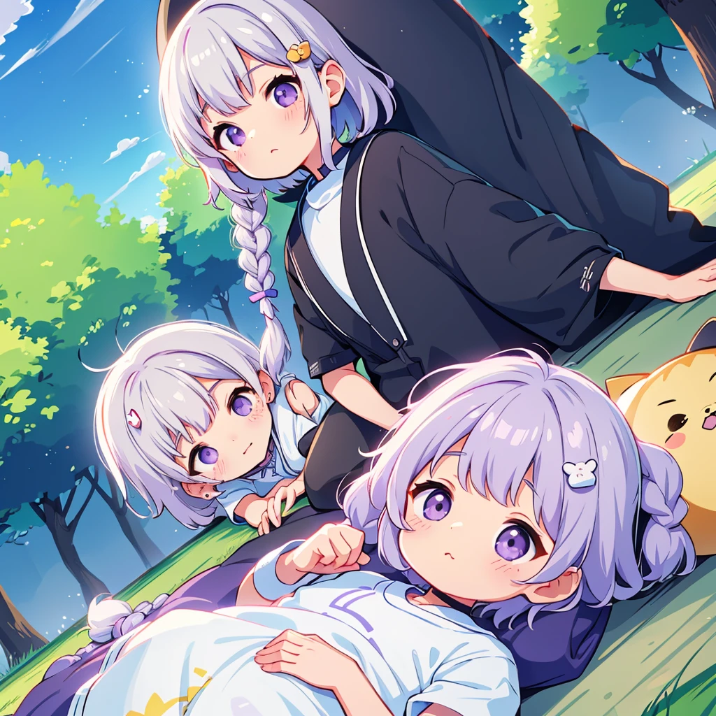 masterpiece,,cute、こたつでくつろぐLittle女の子とLittle男の子、Relaxed facial expression、Mikan and cat kotatsu、sdcgsd、Milky white and purple gradient long hair、Double braid、Black and white diamond-shaped hair ornaments on both sides、Little男の子、The boy has two-tone white and light blue short hair.、Taking a nap together、Heartwarming、A fluffy world、ゆるcute世界、The sunlight filtering through the trees is shining on the two of them.、The best light source、