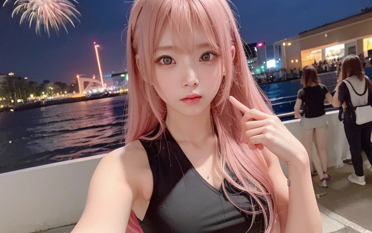 hair color: pink　model　woman　Long Hair　Sleeveless　pink clothes　diagonal　Selfie　diagonal上　Selfie　summer　highest quality, masterpiece))), High resolution, Very detailed, masterpiece, Cinema Lighting, (8k, highest quality, masterpiece: 1.2), (Realistic, photoRealistic: 1.37) High Resolution, Super detailed, 1 girl、32 years old、Riverside at dusk、Fireworks in the sky、Big black eyes