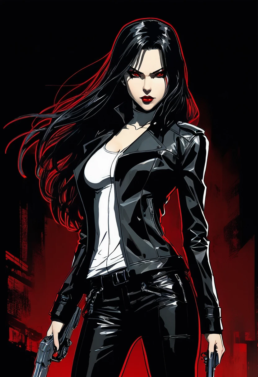 Masterpiece, the best quality, ultra detailed picture, draw, comics, ohwx woman, red eyes, vampire, long hair, black hair, slim and athletic body, wearing a white crop top and a black leather pants and black trench coat, dark lights, dark atmosphere, art by Yoji Shinkawa, red and black background, standing, gunatyou