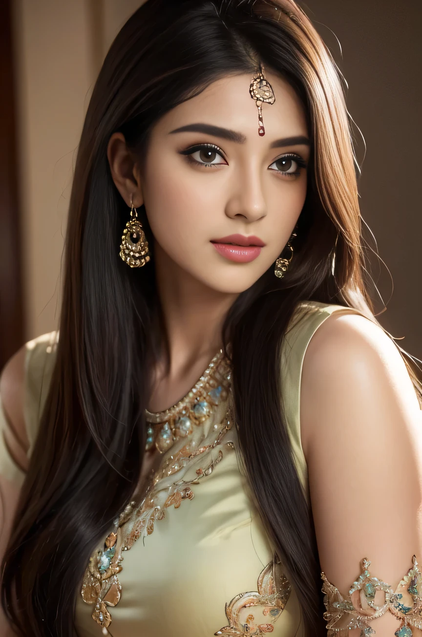 (best quality,4k,8k,highres,masterpiece:1.2),ultra-detailed,(realistic,photorealistic,photo-realistic:1.37),beautiful detailed eyes,beautiful detailed lips,extremely detailed eyes and face,longeyelashes,1girl,desi girl,perfect face,dark long hair,traditional indian clothes,looking towards the camera,portrait,detailed henna patterns,vibrant colors,soft lighting,upper body shot, more focus on the face,