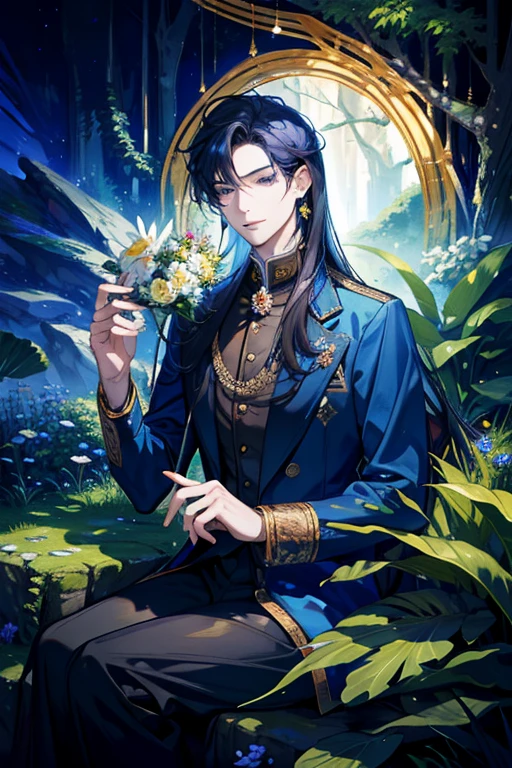 1 person, beautiful detailed eyes, beautiful detailed lips, extremely detailed face, long golden hair, handsome:1.4, dark blue suit, fantasy, uniform, royal, forest, blooming flowers, sunlight, amazing lighting and atmosphere, landscape, extremely detailed portrait, smiling, red earrings, wizard, sorcerer, mature man, gentle, ethereal, forest, rabbits around, sitting on grass，Mature man