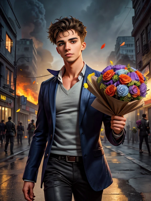 Absurd masterpiece HDR high quality image of a portrait of ((a young and manly, sexy and strong 20 years old student boy holding bouquet of flowers, handsome)), ((Tim Burton Cyberpunk theme style)) in the background city on fire(( on fire))