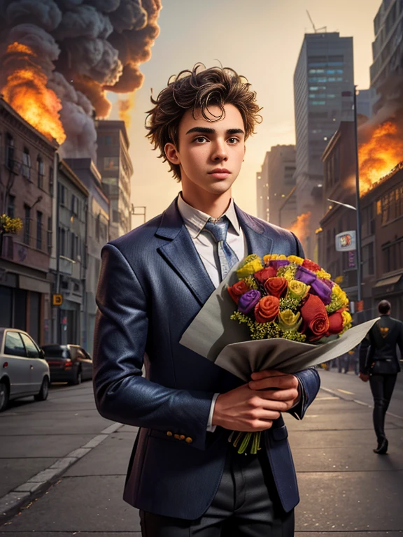 Absurd masterpiece HDR high quality image of a portrait of ((a young and manly, sexy and strong 20 years old student boy holding bouquet of flowers, handsome)), ((Tim Burton Cyberpunk theme style)) in the background city on fire(( on fire))