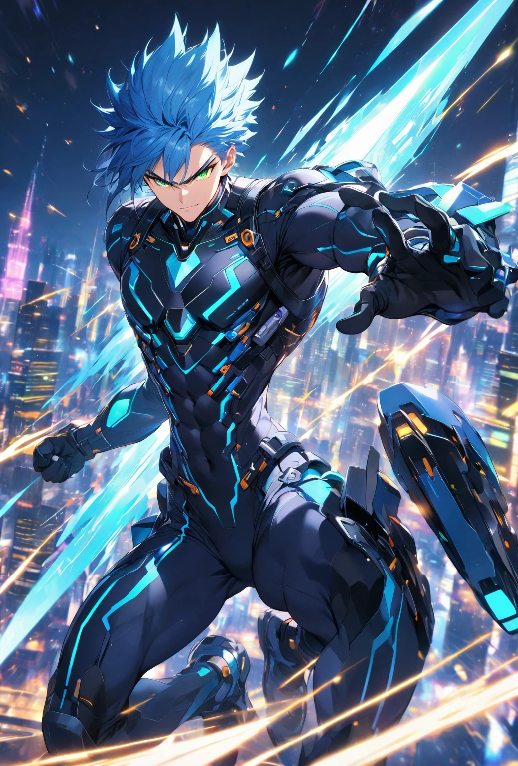 Dressed in a futuristic black and blue cyber suit、Dynamic male character with glowing LED lines, short, spiky blue hair, Sharp green eyes. He is tall, muscular, He carries an energy backpack.. Character strikes a fighting pose, Swinging Energy Blade, The expression is serious and focused. background、Digital cityscape with holographic elements and light effects。, Expressing a Cybernetic World.