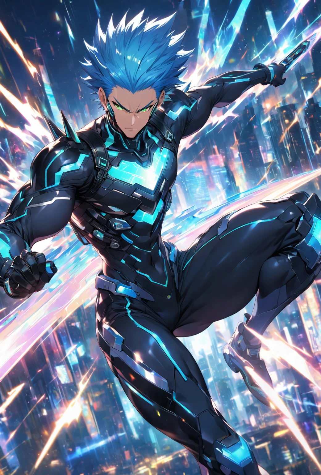 Dressed in a futuristic black and blue cyber suit、Dynamic male character with glowing LED lines, short, spiky blue hair, Sharp green eyes. He is tall, muscular, He carries an energy backpack.. Character strikes a fighting pose, Swinging Energy Blade, The expression is serious and focused. background、Digital cityscape with holographic elements and light effects。, Expressing a Cybernetic World.