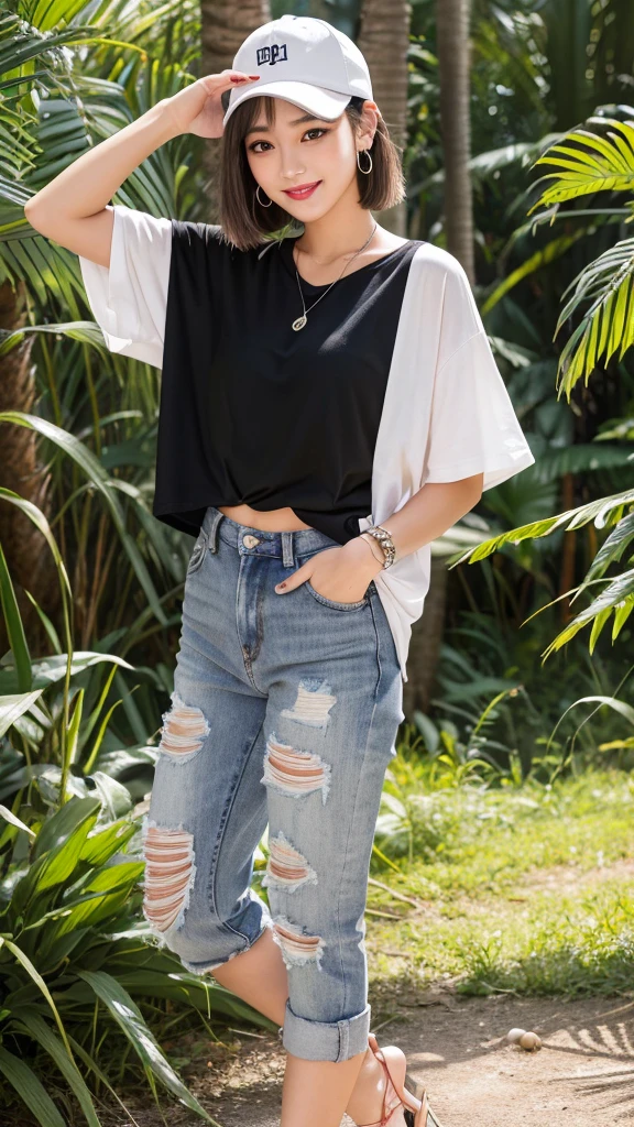 (8k, Photorealistic, Raw photo, Highest quality: 1.4),Japanese idol style1Beautiful girl of the person,18-year-old,Very short hairstyle,Silver Hair,Hang your hair over your ears,Wearing a baseball cap,Wearing small earrings in the ears,Big, clear grey eyes,Long eyelashes,Tear bags,There is a blackhead under the left eye,Plump Cheeks,Wearing pink lipstick,Apply gloss over your lipstick for glossy, plump lips,A short pendant is hanging around her neck.,She wears a large black watch on her left wrist.,Holding the brim of his hat with his left hand,Both hands have pink nail polish on their nails,Both toenails have red nail polish,Smiling,Wearing an oversized T-shirt,Wearing skin-tight, ripped jeans,She is wearing red high heels on her bare feet,She is wearing an anklet on her right ankle,She is surrounded by the gentle sunlight filtering through the trees.,Full body portrait