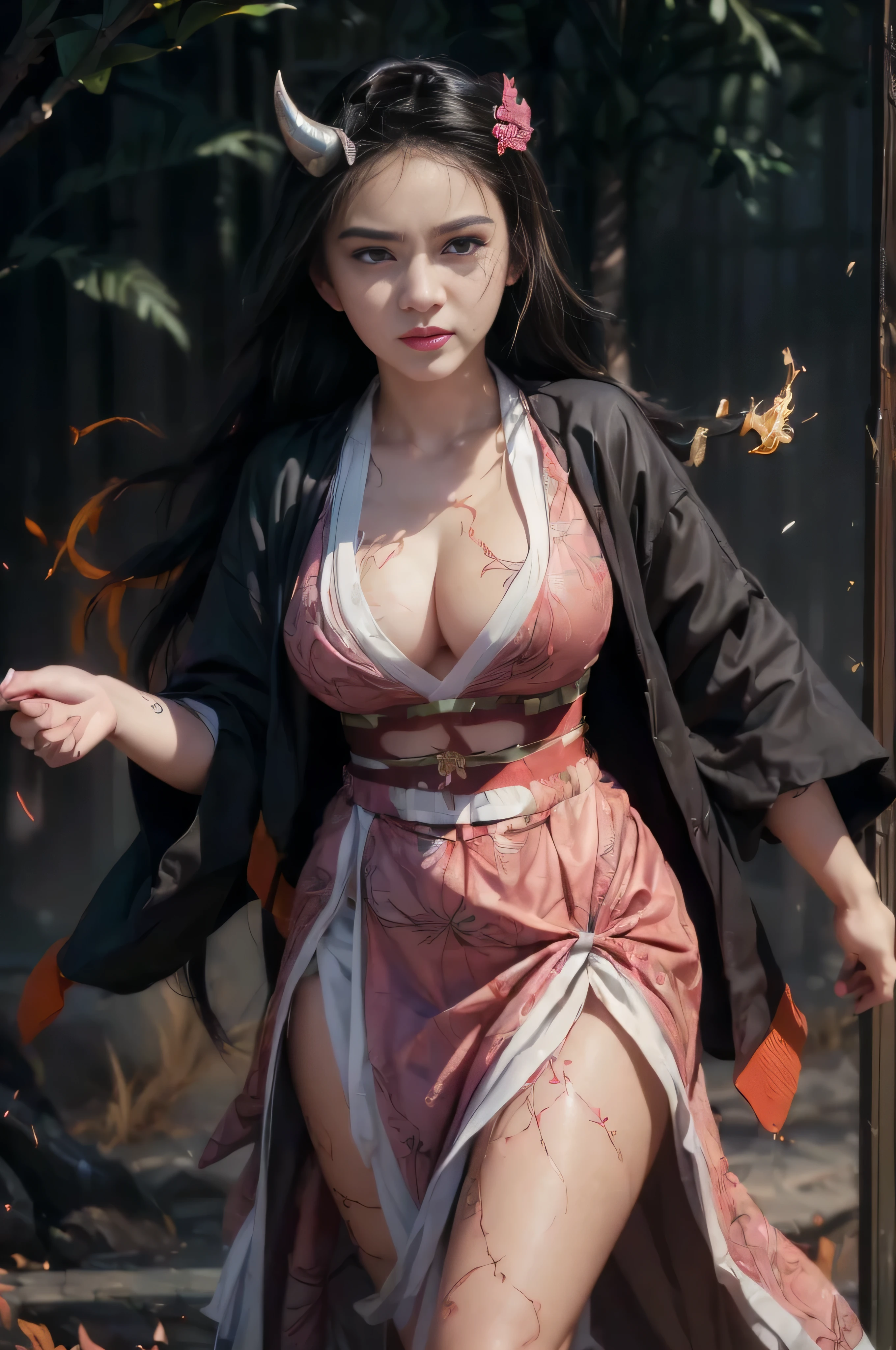 (RAW photo:1.2), ((photorealistic:1.4),(masterpiece:1.3),(best quality:1.4),ultra high res,(detailed facial features),(detailed body features),HDR,8k resolution, 1 girl, blush, black hair, 8k, ultra high details, perfect nose, cinematic lighting, perfect body, tattoos on body, horn