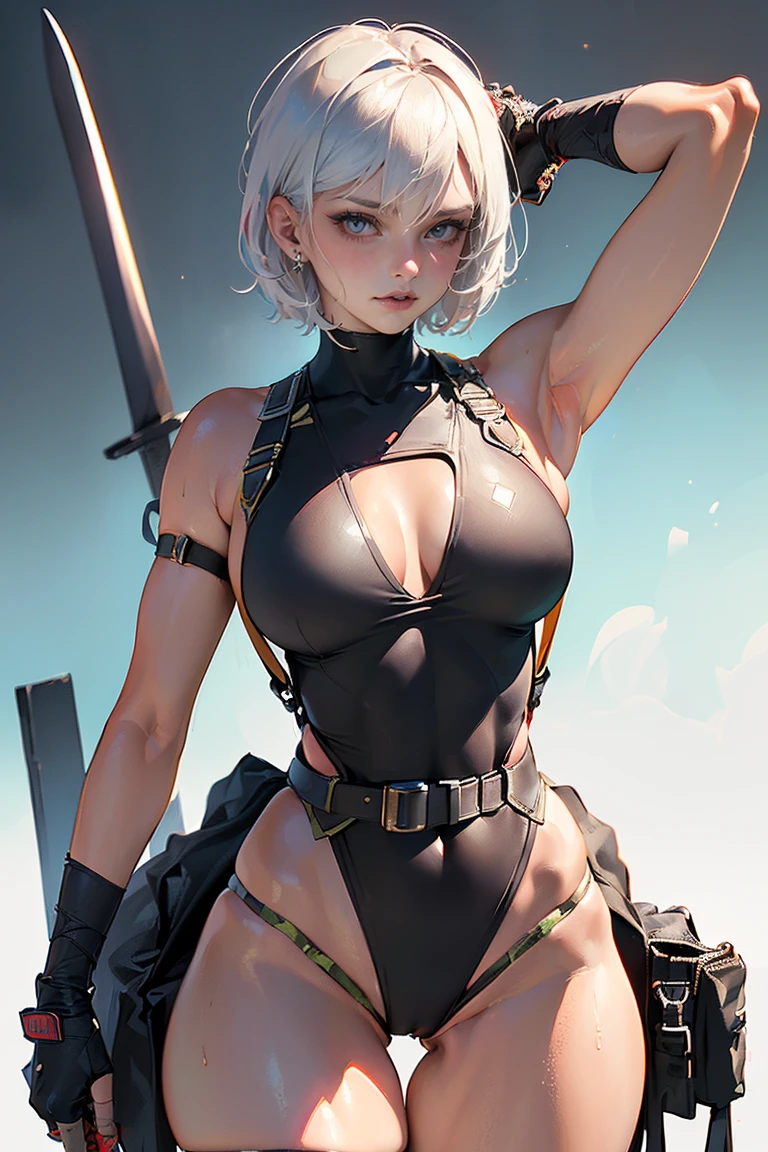 ((Masterpiece, Top Quality, High Resolution, Photorealistic, Raw photo)), ((Extremely detailed CG unified 8k wallpaper)), (huge stunning goddess shot, very hot and sexy, jaw-dropping beauty, perfect proportions, beautiful body, slim body beauty:1.4), Tight Combat Suit, (A female soldier in a camouflage pattern leotard:1.3), (Wear a harness over a leotard, headset, gloves, thigh highs, and boots), (gun hanging from a harness and a sword on back, A thick belt is wrapped around the waist and a weapon is hung from it:1.5), short hair, detailed skin and eyes, tattoo of skull on shoulder, legs spread apart, Dynamic pose, fighting pose, dynamic composition, seen from above, in the battlefield,