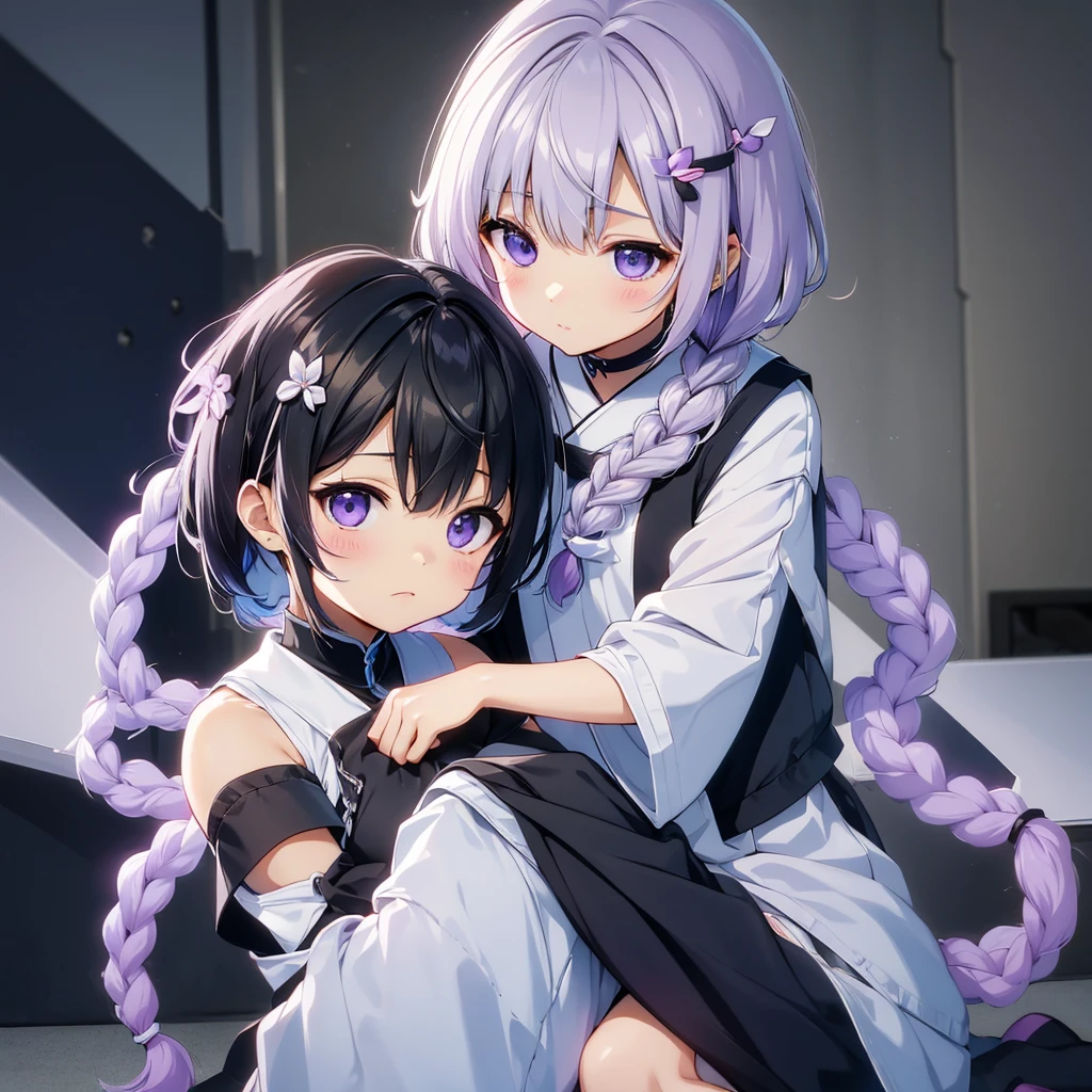 masterpiece,Little,cute、こたつでくつろぐLittle***とLittle***、Relaxed facial expression、Mikan and cat kotatsu、sdcgsd、Milky white and purple gradient long hair、Double braid、Black and white diamond-shaped hair ornaments on both sides、Little***、The boy has two-tone white and light blue short hair.、Taking a nap together、Heartwarming、A fluffy world、ゆるcute世界、The best light source、