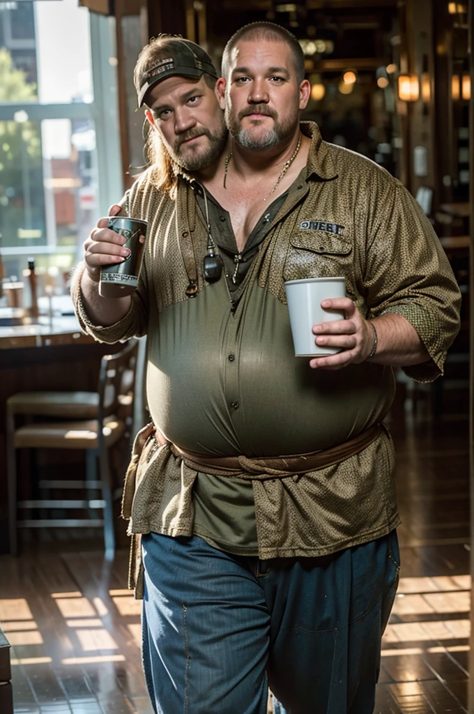 (((2heads))), solo, ((((larry the cable guy)))), middle aged, male, long hair, beards, (((obese, overweight, fat, chubby, heavy, dadbod))), ((nude, robe)), epic realistic, hdr, intricate, highly detailed, (depth of field:1.4), faded, (neutral colors:1.2), (hdr:1.4), (muted colors:1.2), hyperdetailed, (artstation:1.4), cinematic, (intricate details:1.1), dark kitchen scenery, (rutkowski:0.66), (intricate details) (skin texture:1.2), detailed expressions, natural pose, walking, holding coffee mug