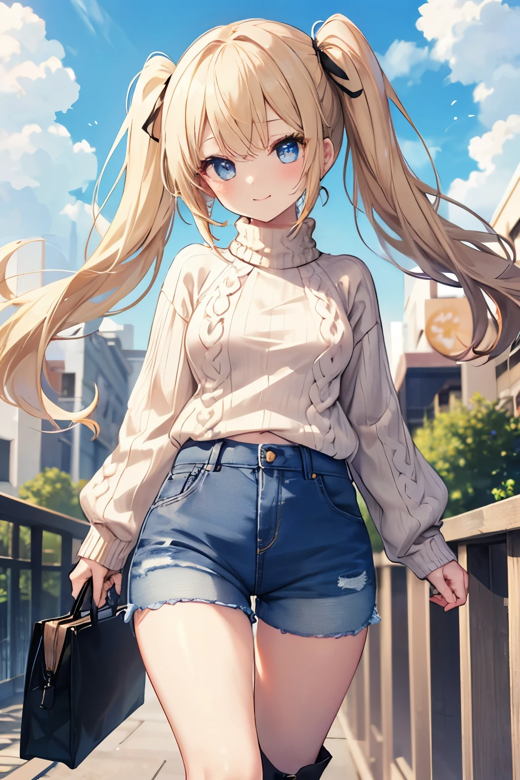 Blonde、Blue Eyes、girl、Small breasts、Twin tails、girl、Small breasts、ta、Bright smile、Looks about 15 yan Musume、short、目のhighlight、Sexy thighs、Walking Outside、blue sky、(Long knit sweater with beige high neck:1.4), ,(Blue jeans fabric shorts),(Black boots)、(Small Black Enamel Bag)、Your eyes are so beautiful、highlight