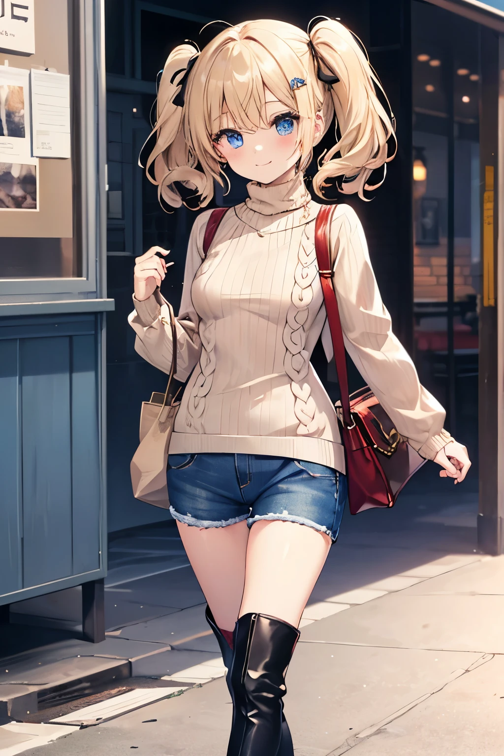Blonde、Blue Eyes、girl、Small breasts、Twin tails、girl、Small breasts、ta、Bright smile、Looks about 15 yan Musume、short、目のhighlight、Sexy thighs、Walking Outside、blue sky、(Long knit sweater with beige high neck:1.4), ,(Blue jeans fabric shorts),(Black boots)、(Small Black Enamel Bag)、Your eyes are so beautiful、highlight