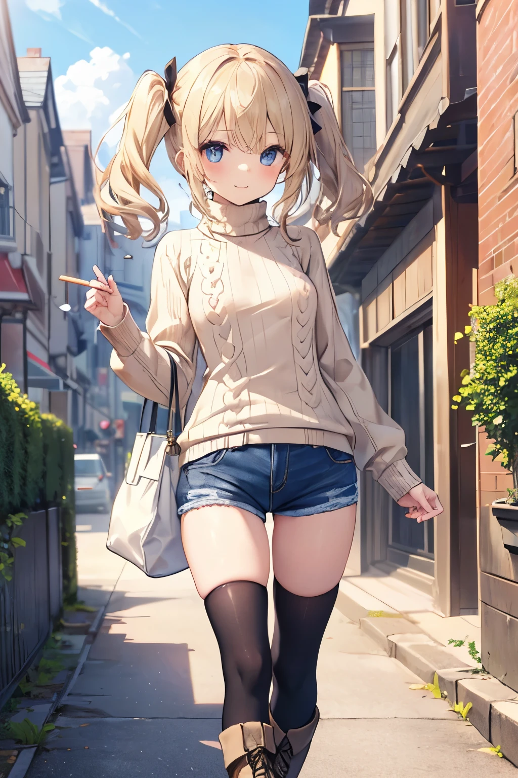 Blonde、Blue Eyes、girl、Small breasts、Twin tails、girl、Small breasts、ta、Bright smile、Looks about 15 yan Musume、short、目のhighlight、Sexy thighs、Walking Outside、blue sky、(Long knit sweater with beige high neck:1.4), ,(Blue jeans fabric shorts),(Black boots)、(Small Black Enamel Bag)、Your eyes are so beautiful、highlight