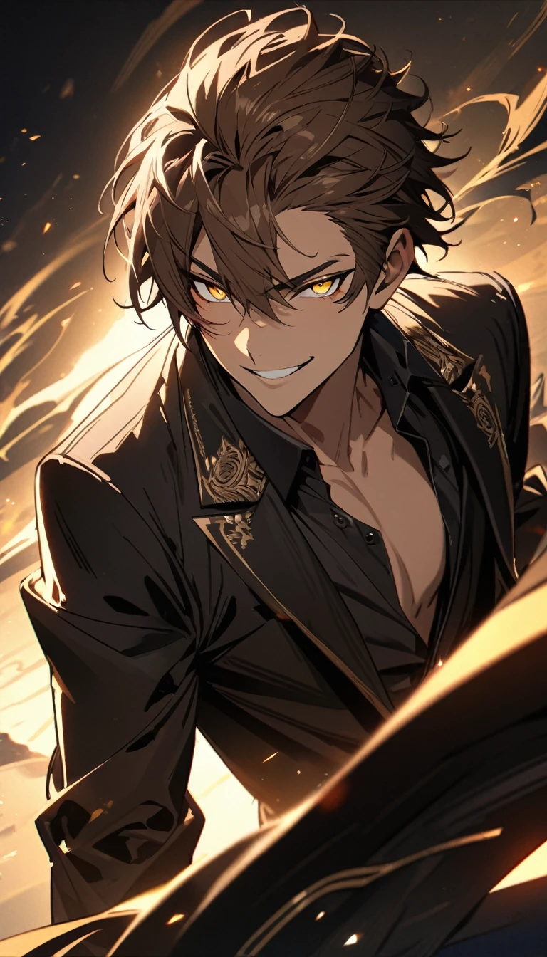 (highest quality,Super detailed), (Detailed face), One Man,(Side light,Beautiful eyes with attention to detail:1.2)、Brown Hair,Black suit,No tie,Fearless smile,(Golden Eyes),