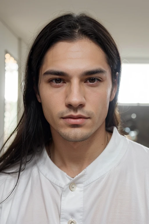 White male man with much smaller lips and medium-long black hair, cara ovalada, ojos estrechos, nariz respingona, cejas puntiagudas, ceja izquierda con cicatriz notable