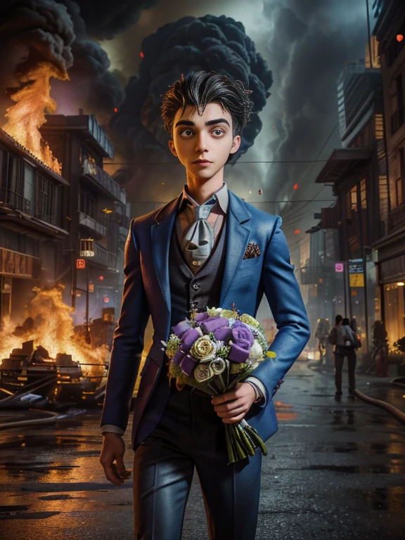 Absurd masterpiece HDR high quality image of a portrait of ((a young and manly, sexy and strong 20 years old student boy holding bouquet of flowers, handsome)), ((Tim Burton Cyberpunk theme style)) in the background city on fire(( on fire))