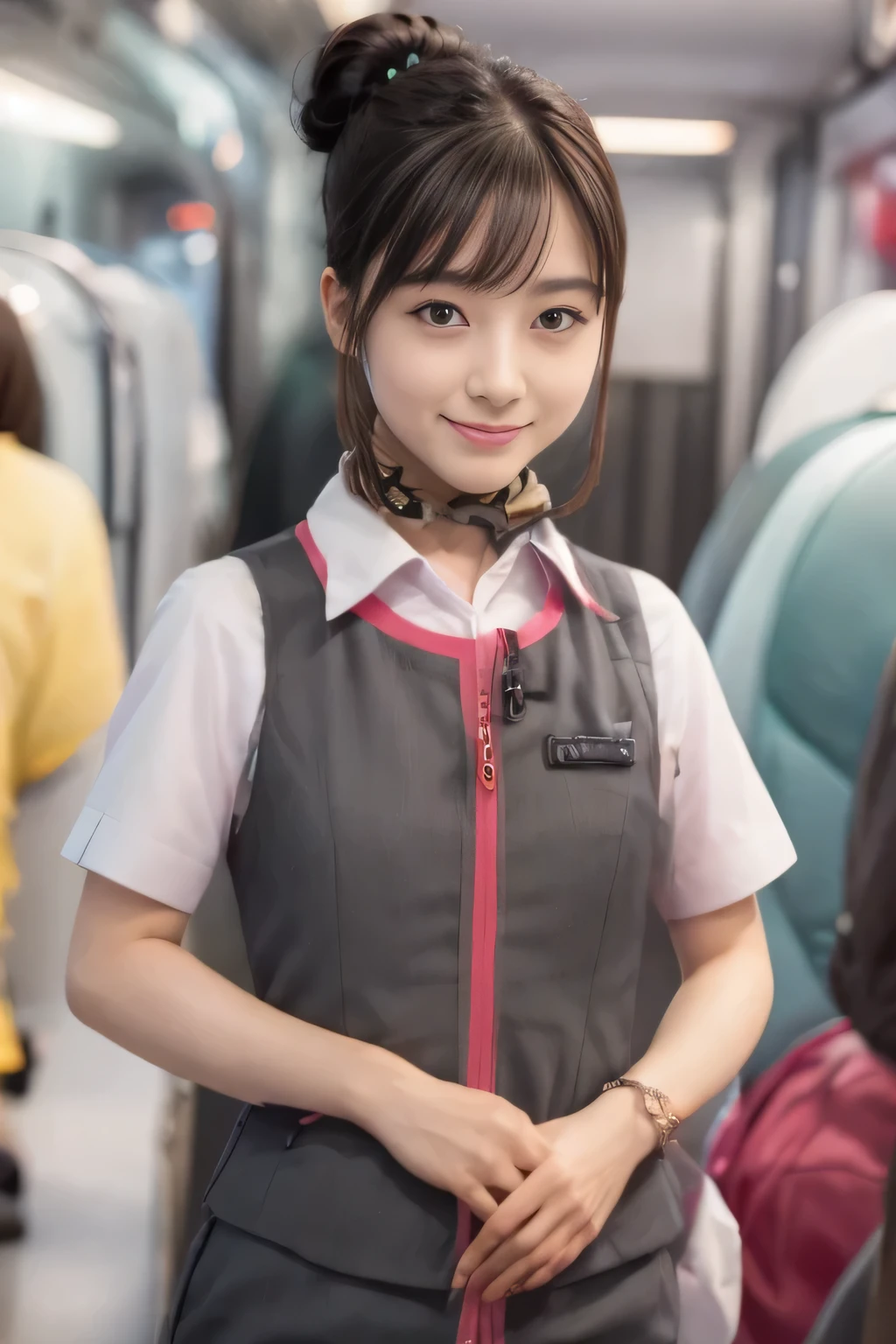 (masterpiece:1.2, highest quality:1.2), 32K HDR, High resolution, (alone、1 girl)、（At the station platform、Professional Lighting）、Background of an empty station platform、（Realistic style of JR Gran Class crew wearing uniform）、Short sleeve blouse、a scarf around the neck、（JR Gran Class flight attendant uniform with pink parts on the skirt sleeves）、（JR Gran Class flight attendant uniform with pink line on front zipper of vest）、Dark brown hair、（Hair tied up、Hair Bun、Hair Bun）、Dark brown hair、Long Shot、Big Breasts、（（Great hands：2.0）），（（Harmonious body proportions：1.5）），（（Normal limbs：2.0）），（（Normal finger：2.0）），（（Delicate eyes：2.0）），（（Normal eyes：2.0））)、Luxury Necklace、smile、Beautiful standing posture,Place your hands around your stomach