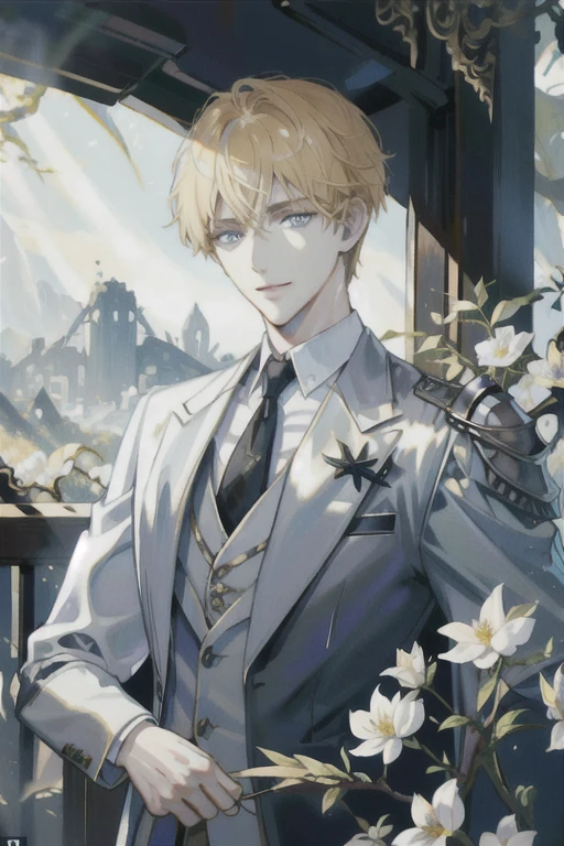 ((masterpiece: 1.2, Top quality)), ((2 men)), blonde short hair, blue eyes (Handsome: 1.4), White suit, , Royal Family, The tough black knight, Black short hair, Golden Eyes, There is a scar on the right eye, Black Armor, fantasy, forest, Blooming flowers, Sunlight, Wonderful light and shadow, landscape, The face is rich in detail, portrait, Smile