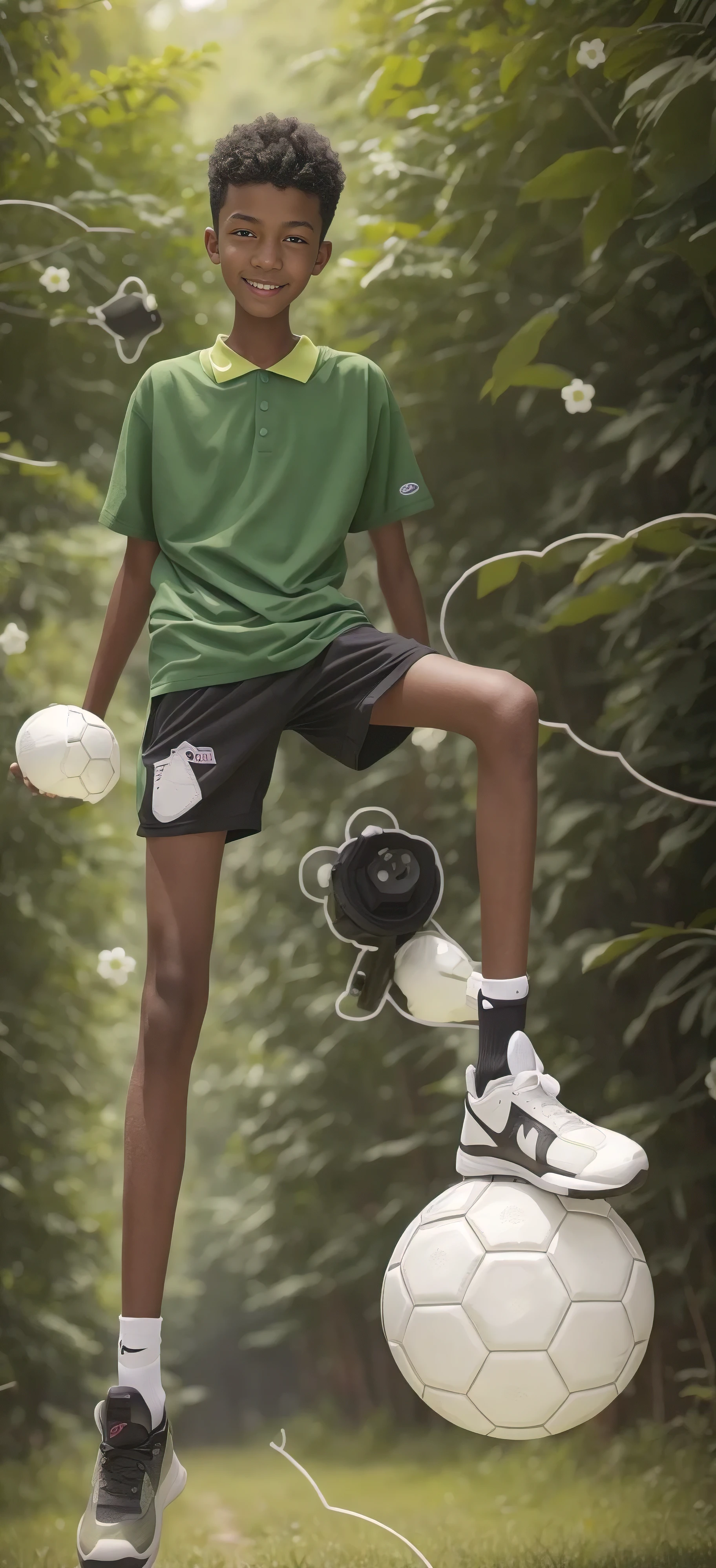  boy，（Wearing a bright green T-shirt，White shorts），Dark skin，Big round eyes，Very short hair，Tall and skinny，Toothy Smile，Sharpen details，Realism，on the grass，Black socks