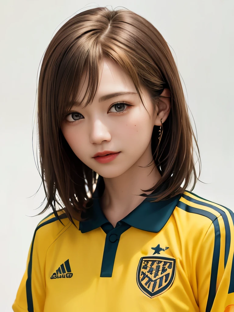 (highest quality、8k、32k、masterpiece)、(Realistic)、(Realistic:1.2)、(High resolution)、Very detailed、Very beautiful face and eyes、1 girl、Round and small face、Tight waist、Delicate body、(close、highest quality、Attention to detail、Rich skin detail)、(highest quality、8k、Oil paints:1.2)、(Realistic、Realistic:1.37)、Bright colors、(((blonde)))、(((Bust Shot)))、(((Medium Hair)))、(((Side Tail Hair)))、(((White wall background)))、(((Please touch your lips with your left hand.)))、(((Laughter)))、(((blonde)))、(((Soccer uniforms)))、(((赤と白のSoccer uniforms)))