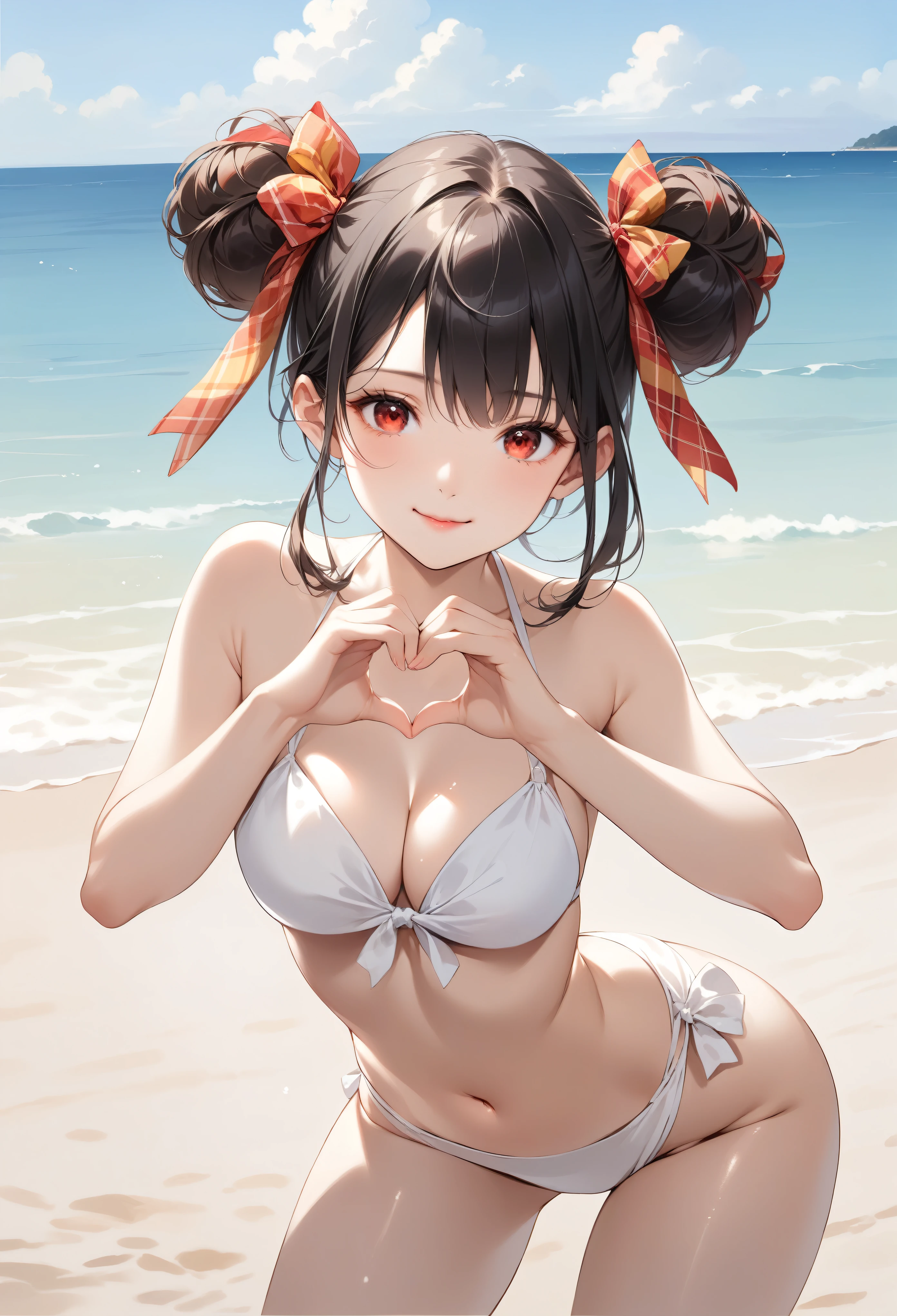 masterpiece,、best quality、cowboy shot, anime, Cute girl、Black Hair、Double bun hairstyle、hair between eyes, Hair in front of the ears、bangs, Red & yellow tartan hair ribbon, light smile, open mouse, (red eyes:1.5)、beach,, white Swimwear、Sexy pose、smile、model、Tempting、(Make a heart shape with your fingers:1.5)