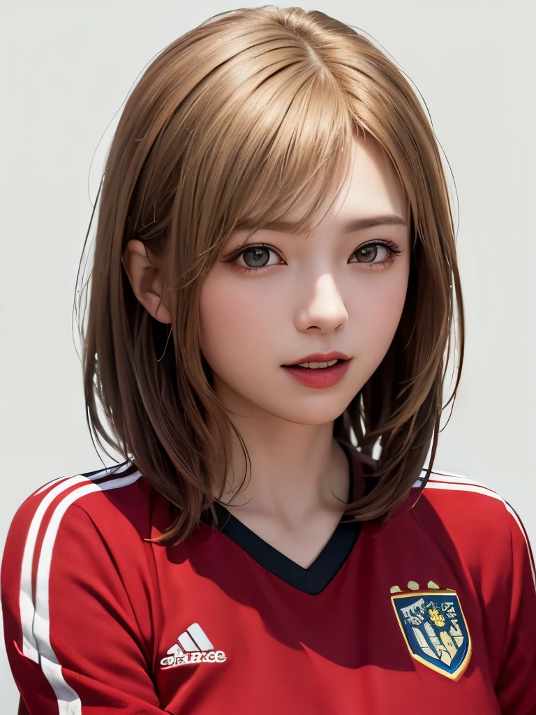 (highest quality、8k、32k、masterpiece)、(Realistic)、(Realistic:1.2)、(High resolution)、Very detailed、Very beautiful face and eyes、1 girl、Round and small face、Tight waist、Delicate body、(close、highest quality、Attention to detail、Rich skin detail)、(highest quality、8k、Oil paints:1.2)、(Realistic、Realistic:1.37)、Bright colors、(((blonde)))、(((Bust Shot)))、(((Medium Hair)))、(((Side Tail Hair)))、(((White wall background)))、(((Please touch your lips with your left hand.)))、(((Laughter)))、(((blonde)))、(((Soccer uniforms)))、(((赤と白のSoccer uniforms)))