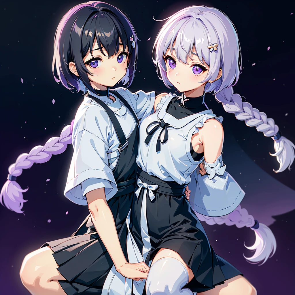 masterpiece,Little,cute、こたつでくつろぐLittle女の子とLittle男の子、Relaxed facial expression、Mikan and cat kotatsu、sdcgsd、Milky white and purple gradient long hair、Double braid、Black and white diamond-shaped hair ornaments on both sides、Little男の子、The boy has two-tone white and light blue short hair.、Taking a nap together、Heartwarming、A fluffy world、ゆるcute世界、The best light source、